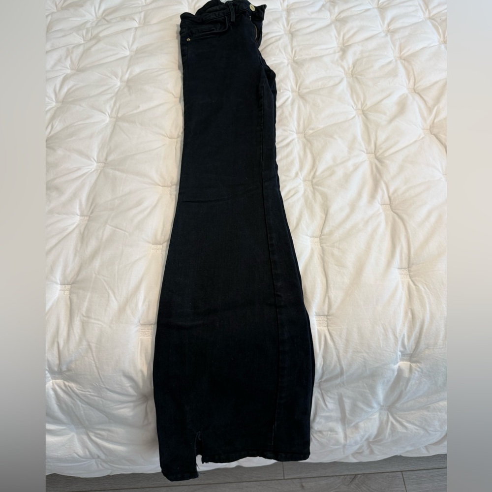 FRAME Denim Le One Black Flare Split Hem High Waist Jeans Super Stretch Size 1